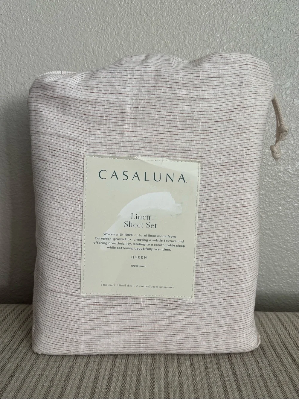 NWT Queen 100% Linen Sheet Set Adobe Clay Micro Stripe - Casaluna